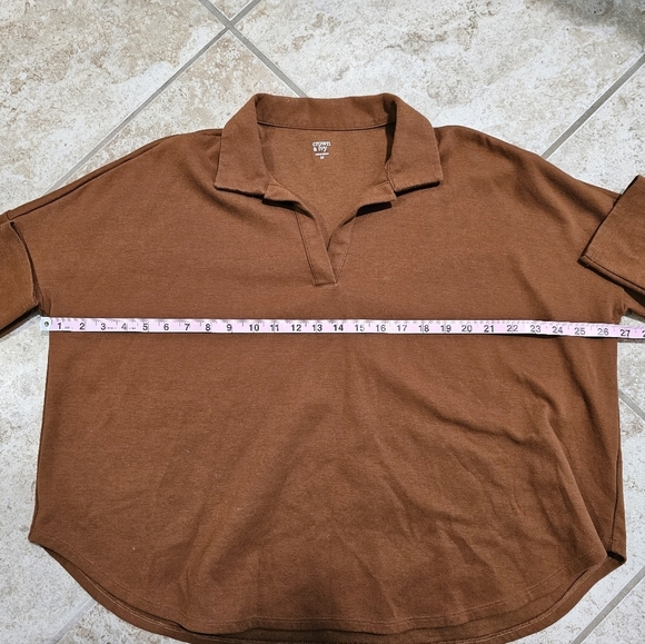 Crown & Ivy Medium V-Neck Brown Tunic Cotton Shirt Classic Preppy Retro Fall Top - Picture 5 of 6